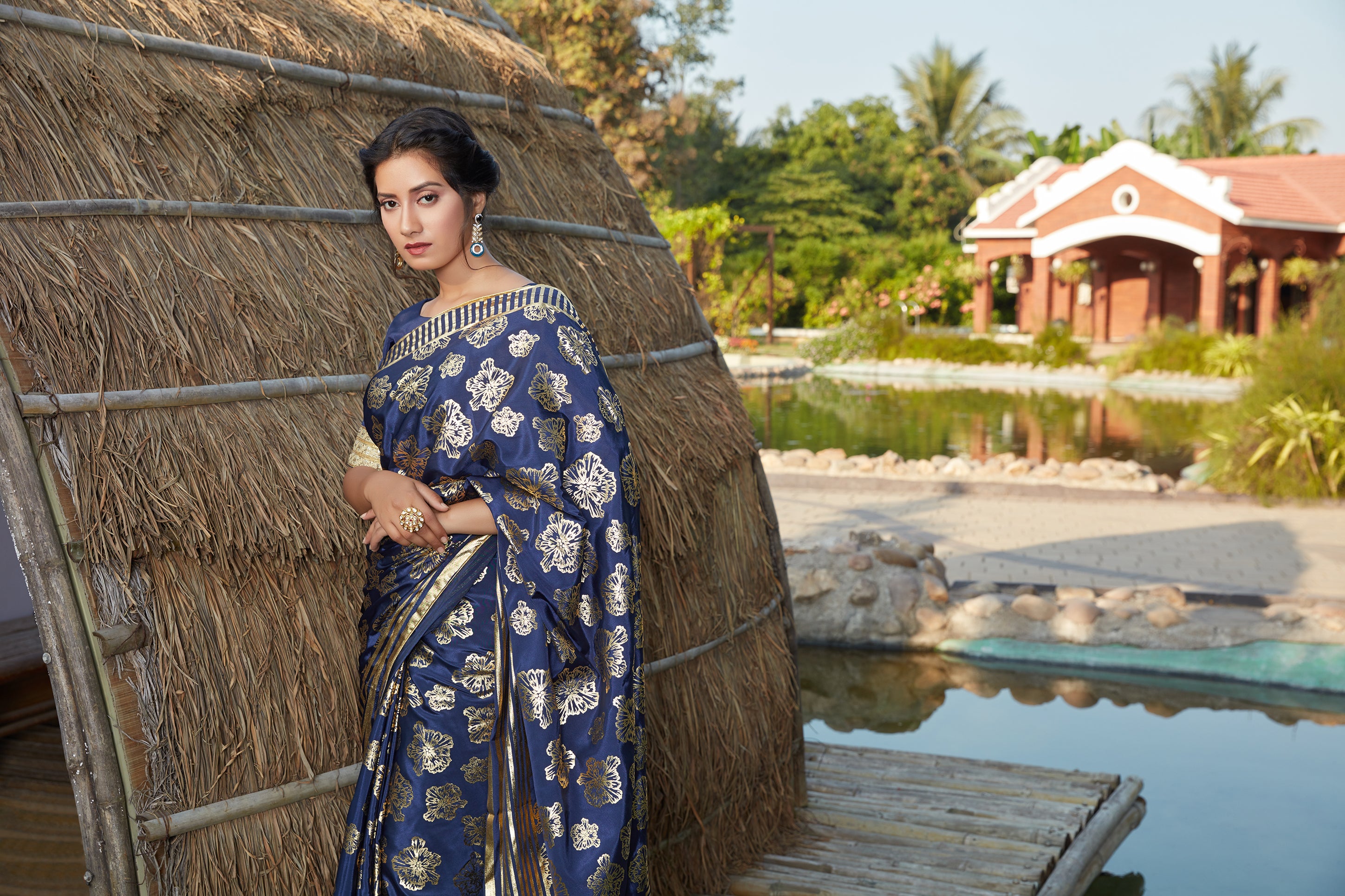 Women's Navy Blue Silk Foil Printed Saree - Shubhkala