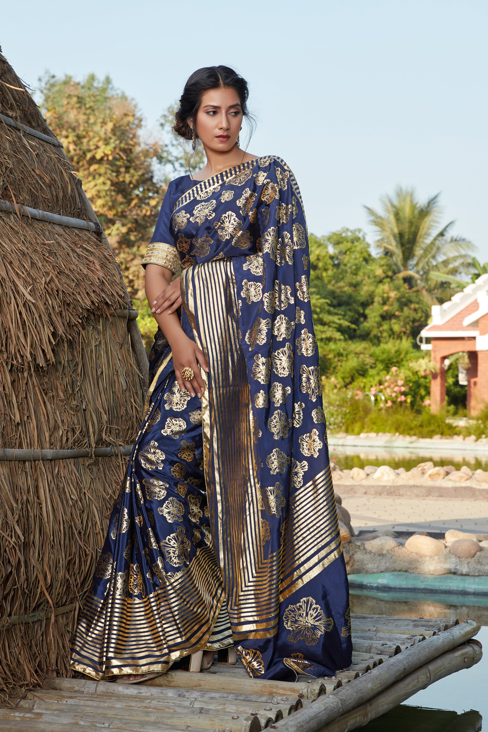 Women's Navy Blue Silk Foil Printed Saree - Shubhkala