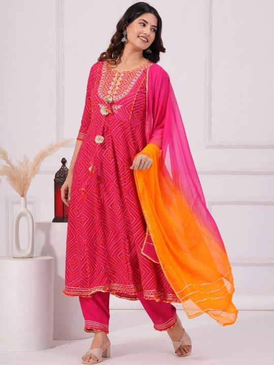 Women's Bandhani Printed Anarkali Kurta with Trousers & Dupatta - Taantav