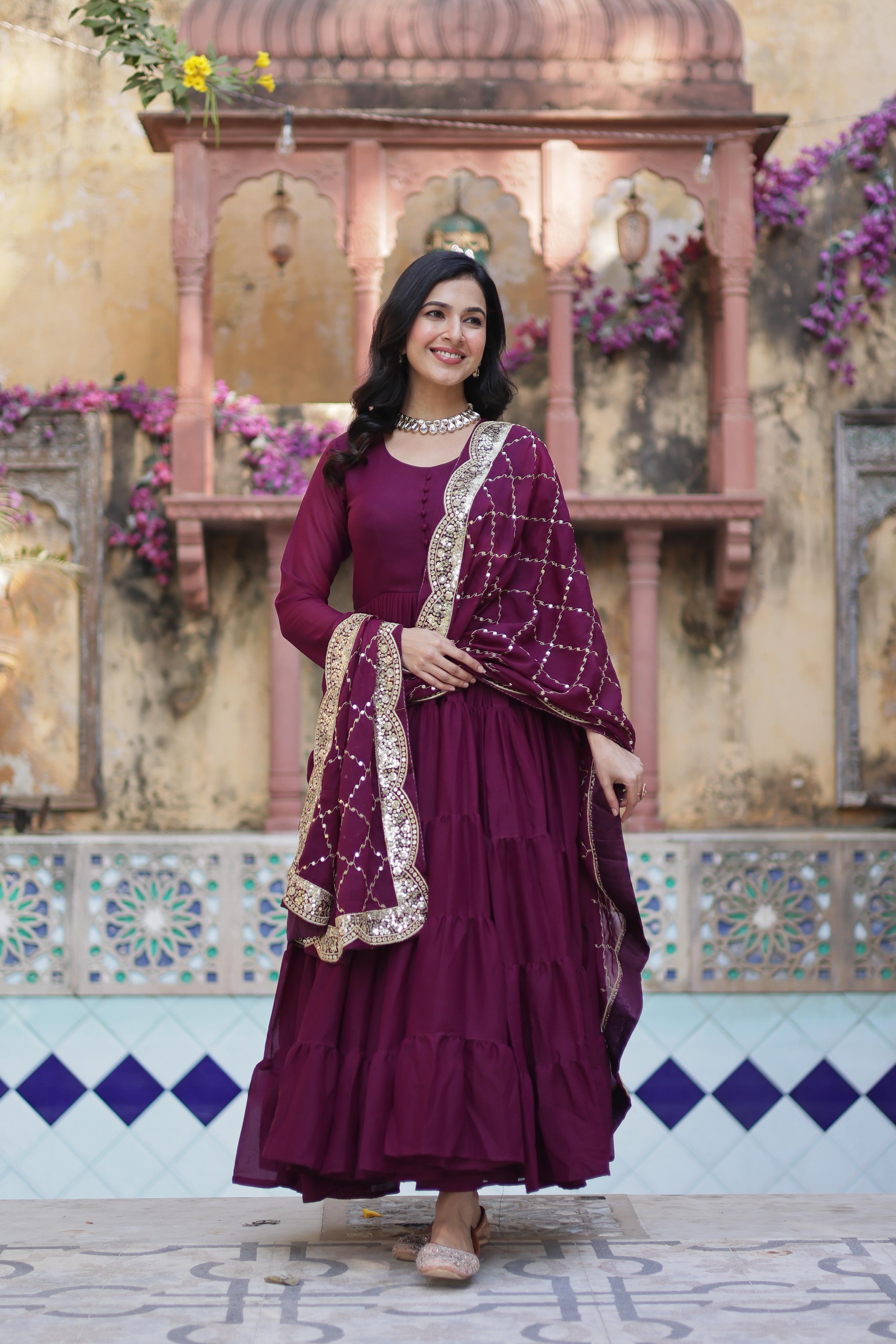 Women's Wine Colour Star Georgette Gown Set