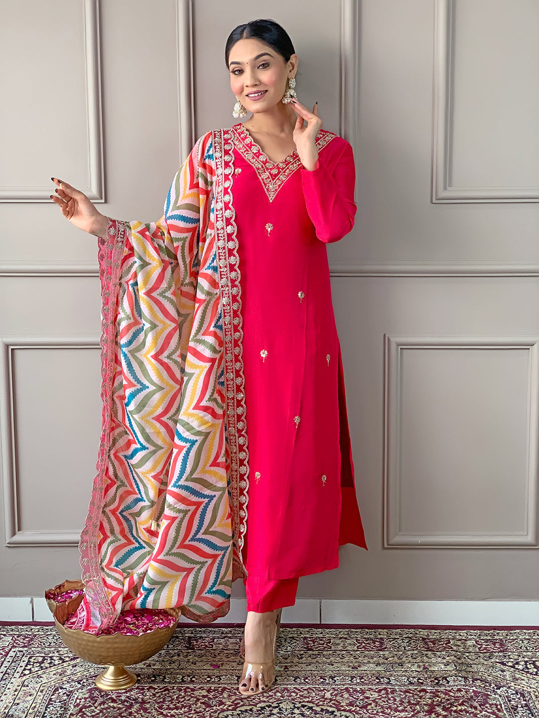 Women's V Neck Embroidered Work Viscose Fabric Kurta & Pant With Dupatta Set - Taantav