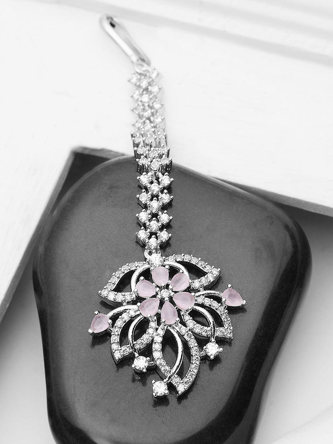 Women's Silver-Plated & White Ad-Studded Floral Maangtikka