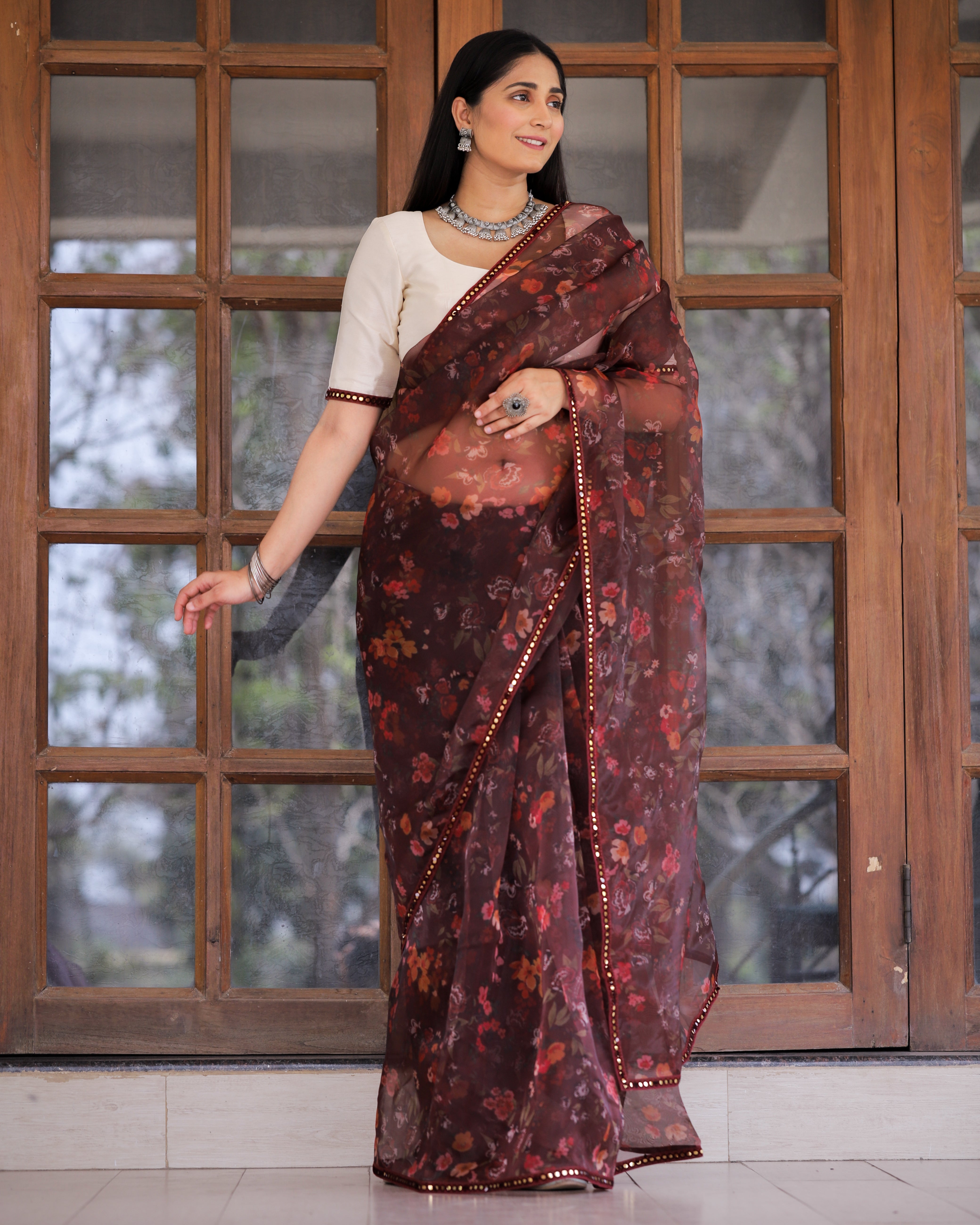 Women's Maroon Organza Digital Print & Lace Saree - Shubhkala