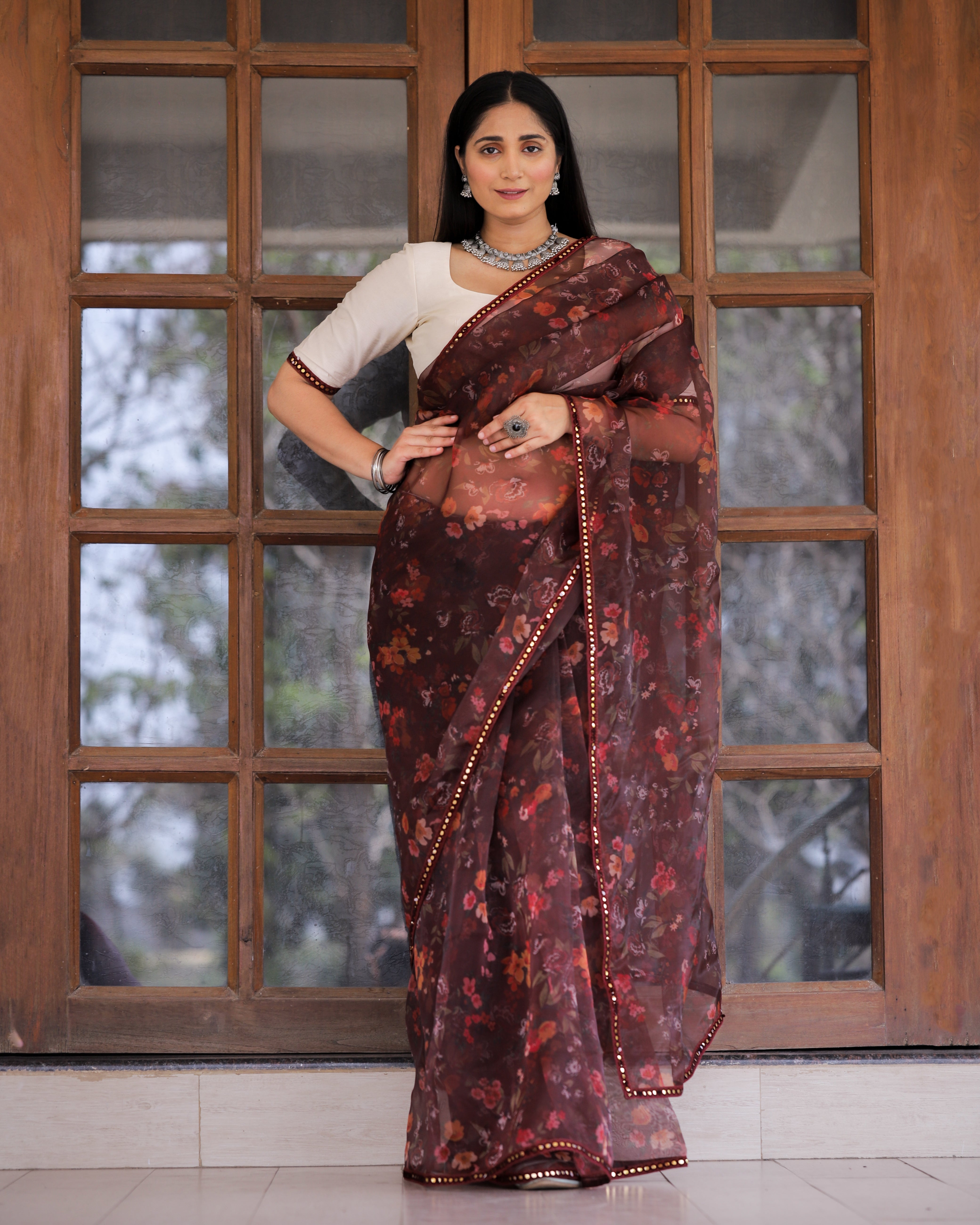 Women's Maroon Organza Digital Print & Lace Saree - Shubhkala