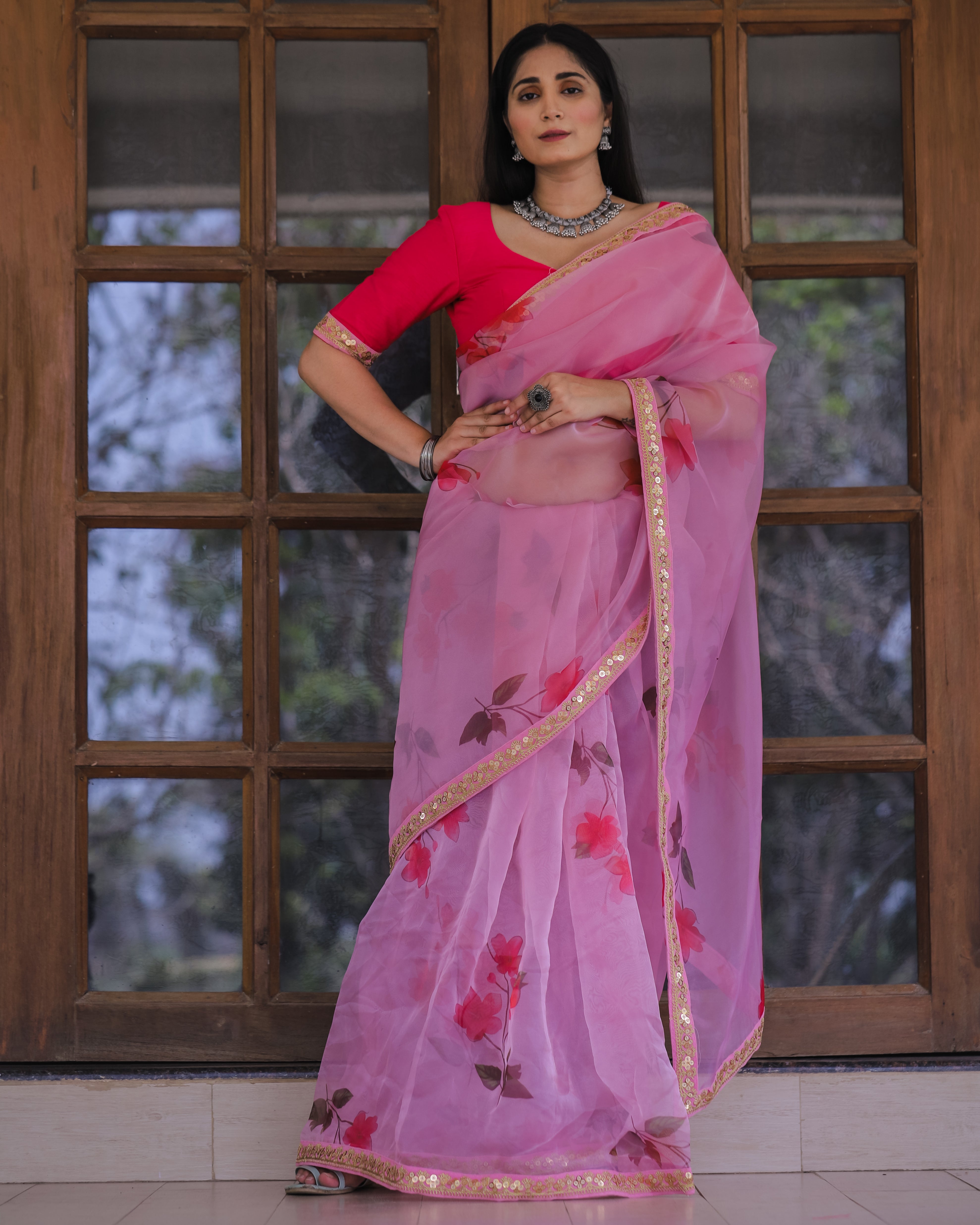 Women's Pink Organza Digital Print & Lace Saree - Shubhkala