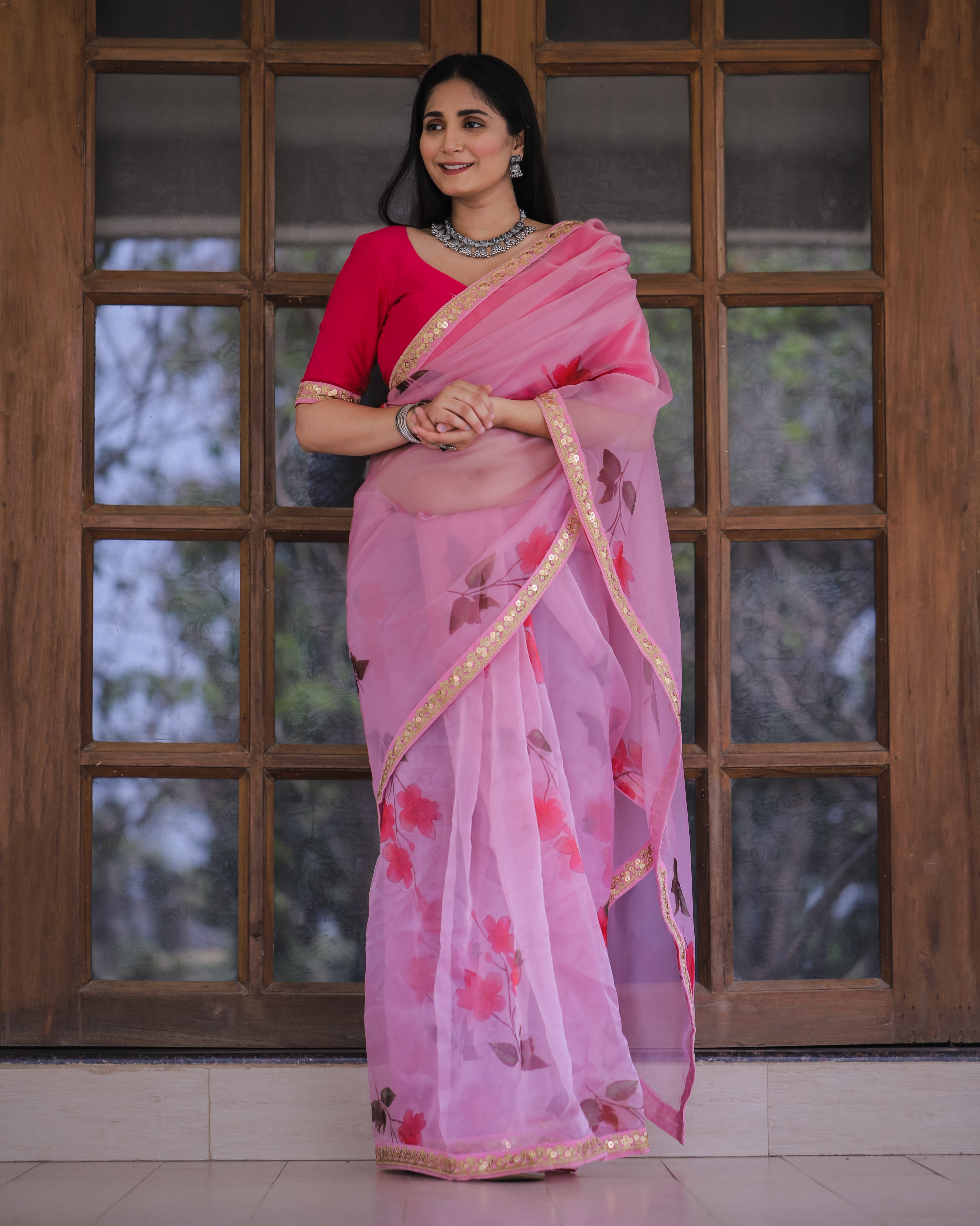 Women's Pink Organza Digital Print & Lace Saree - Shubhkala