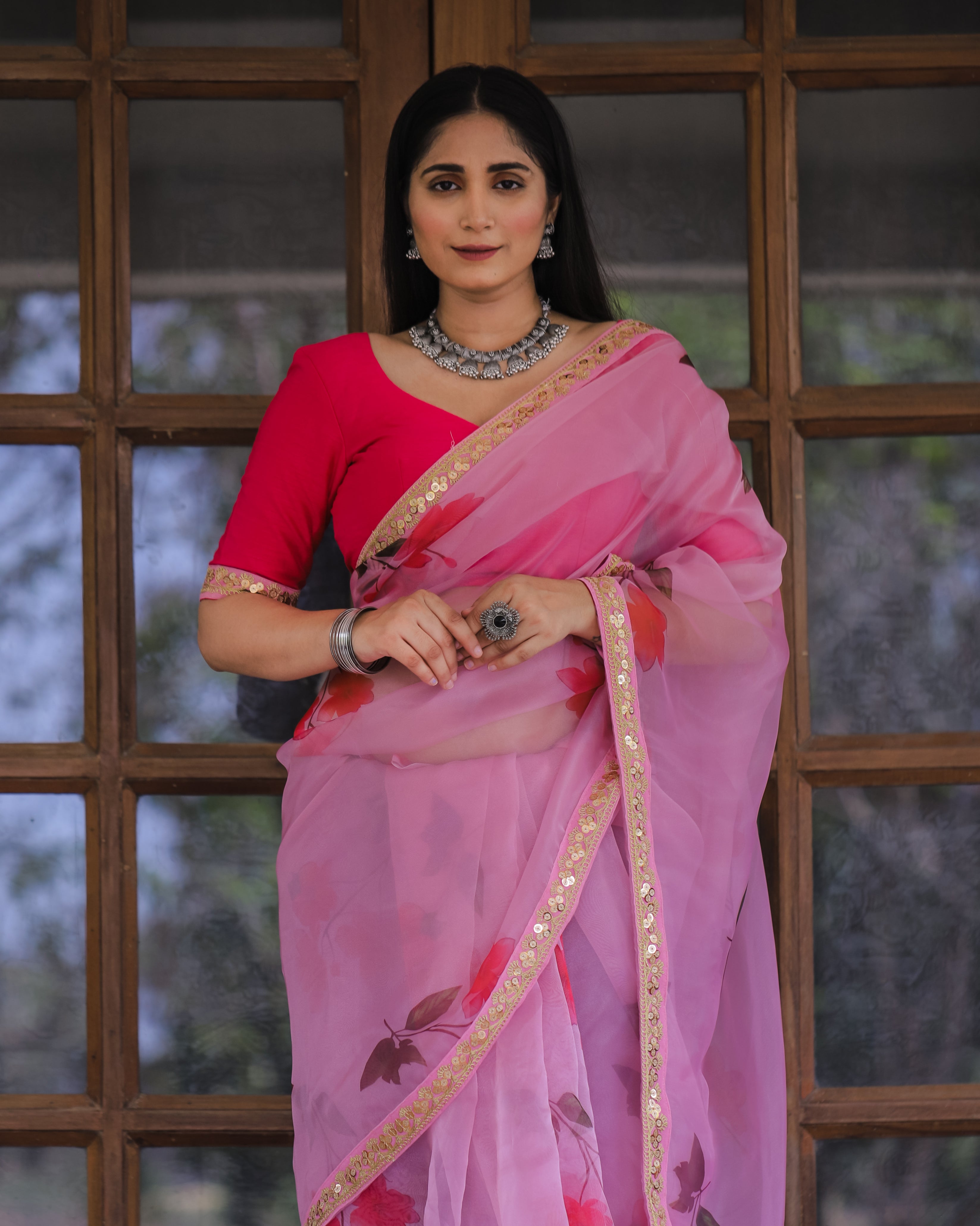 Women's Pink Organza Digital Print & Lace Saree - Shubhkala