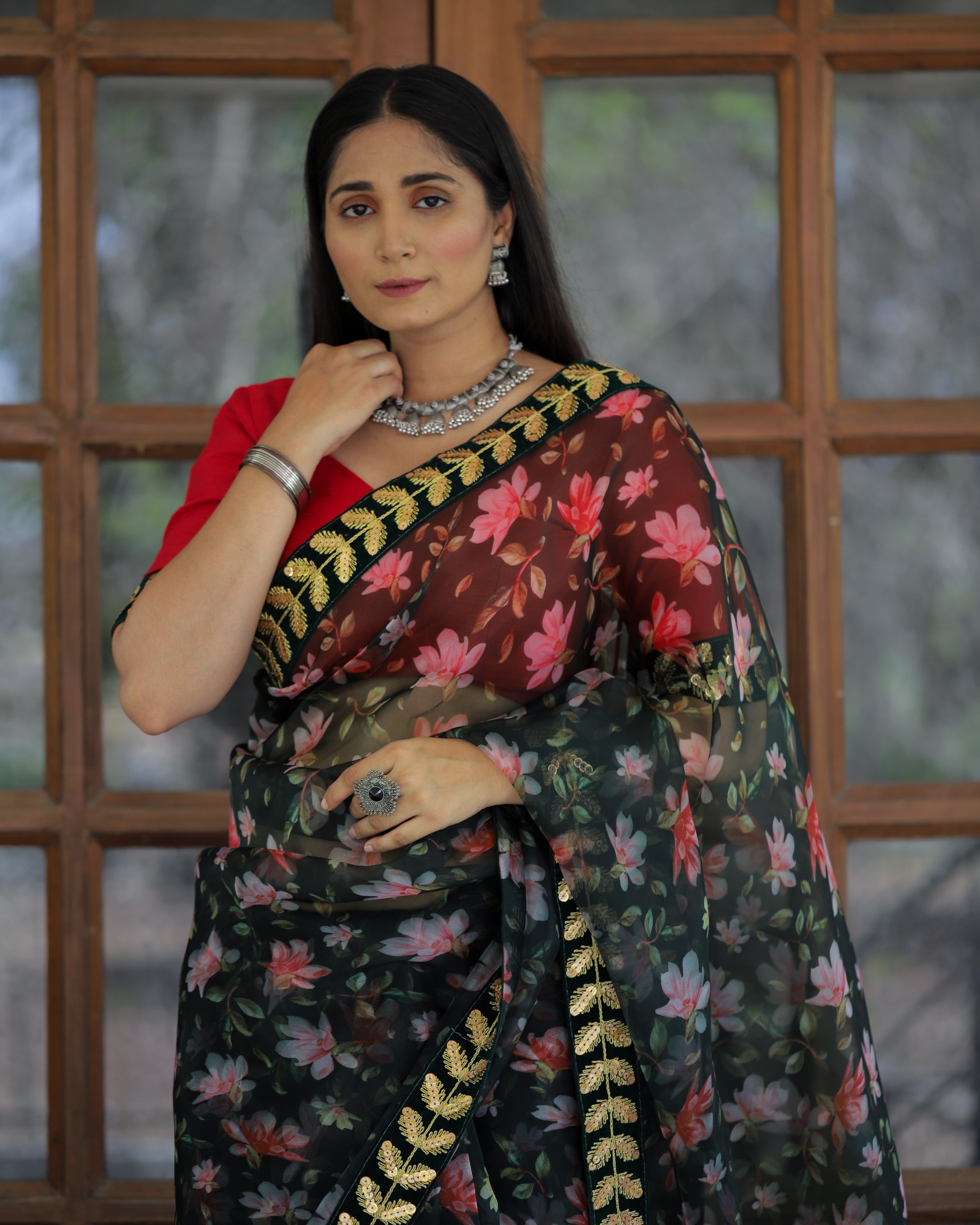 Women's Green Organza Digital Print & Lace Saree - Shubhkala