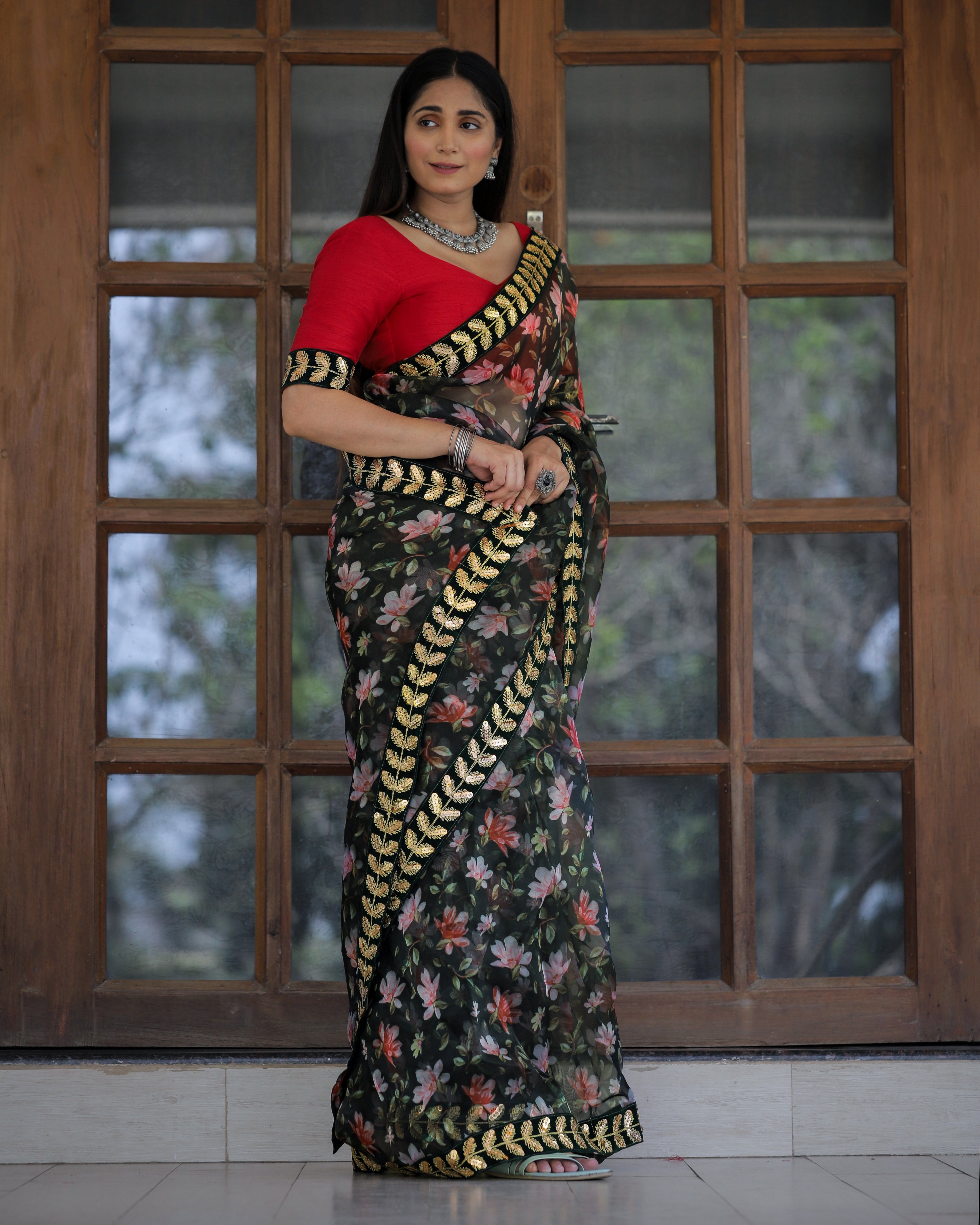 Women's Green Organza Digital Print & Lace Saree - Shubhkala