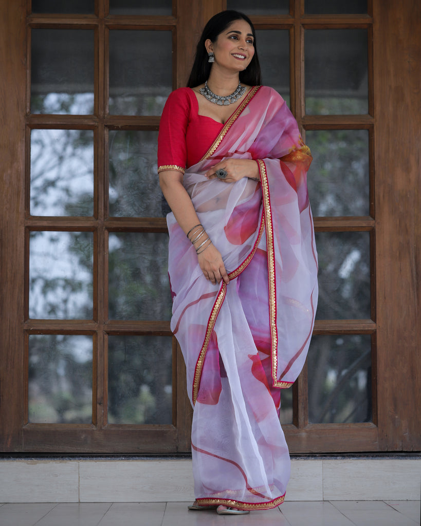 Women's White and Pink Organza Digital Print & Lace Saree