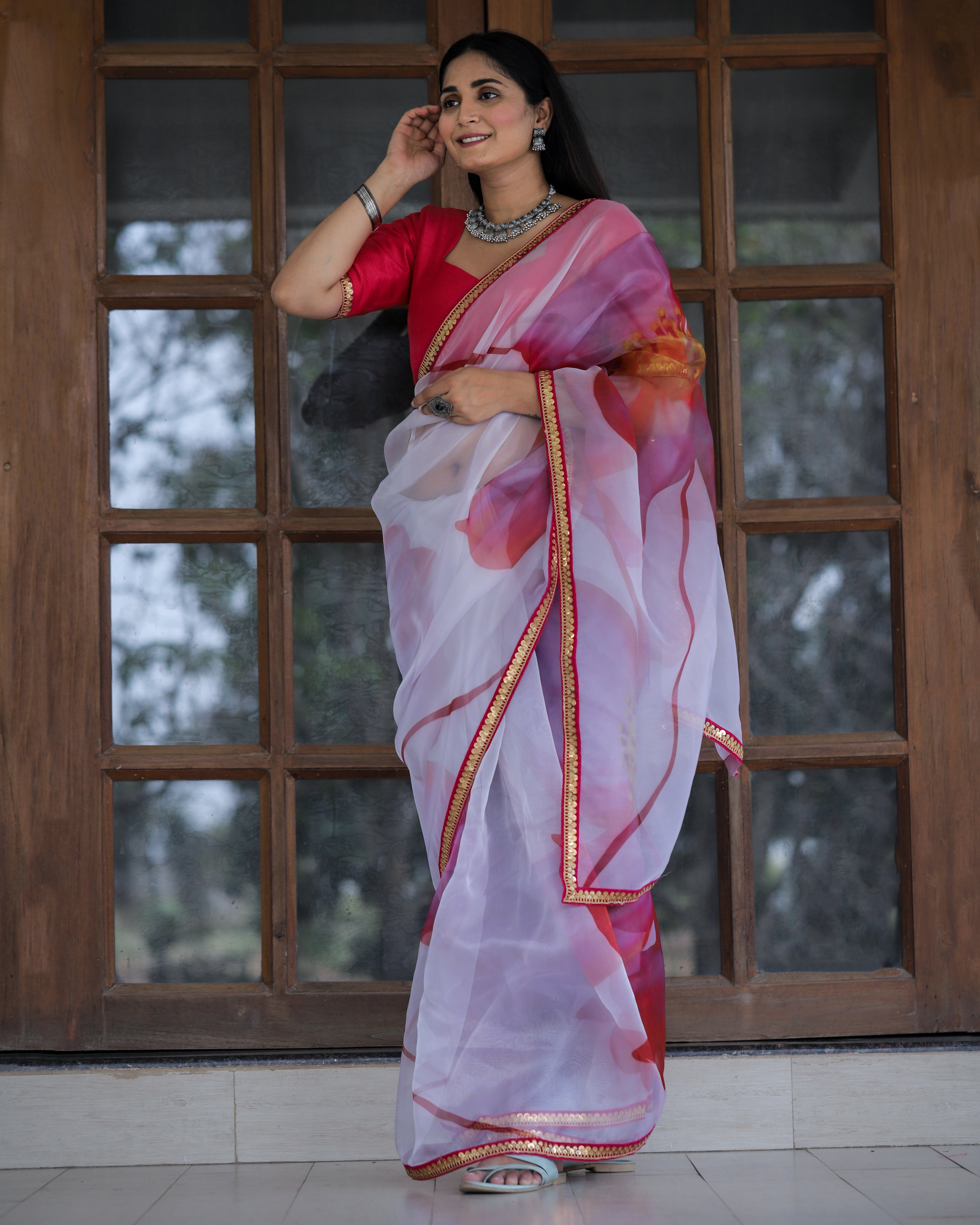 Women's White and Pink Organza Digital Print & Lace Saree - Shubhkala