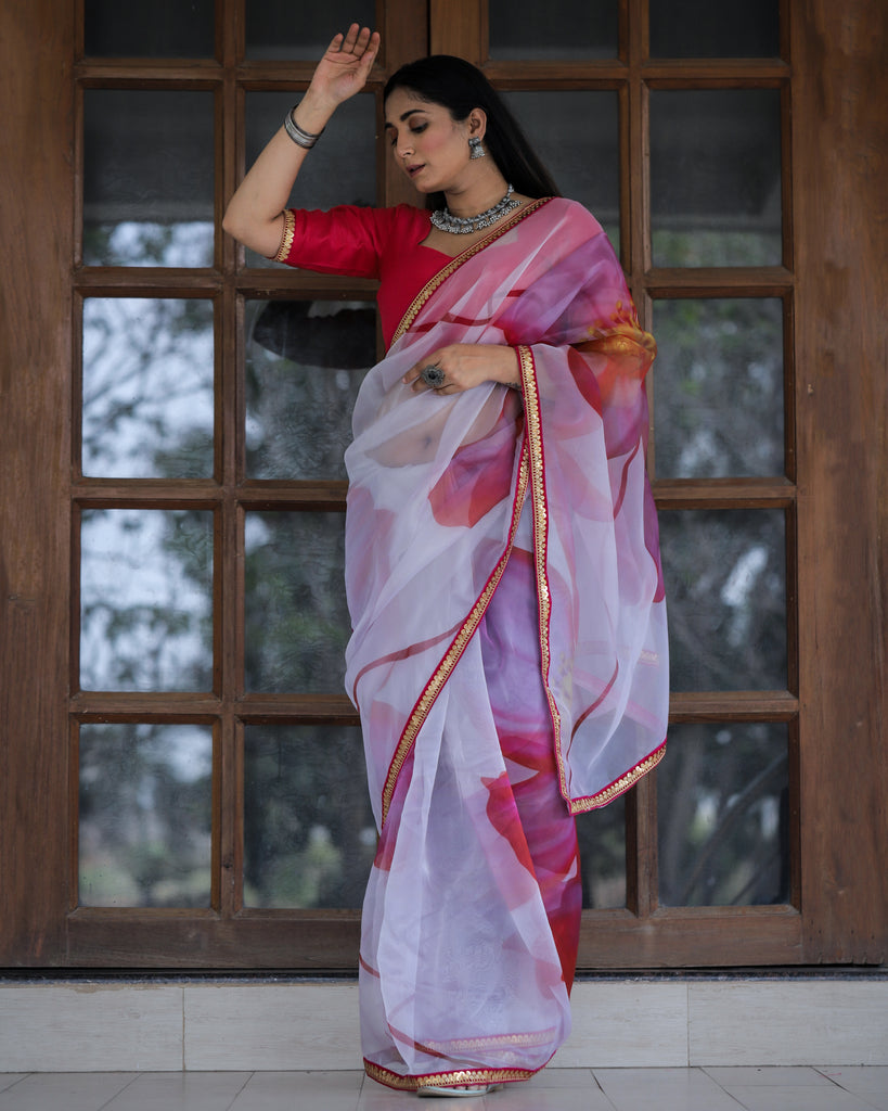 Women's White and Pink Organza Digital Print & Lace Saree