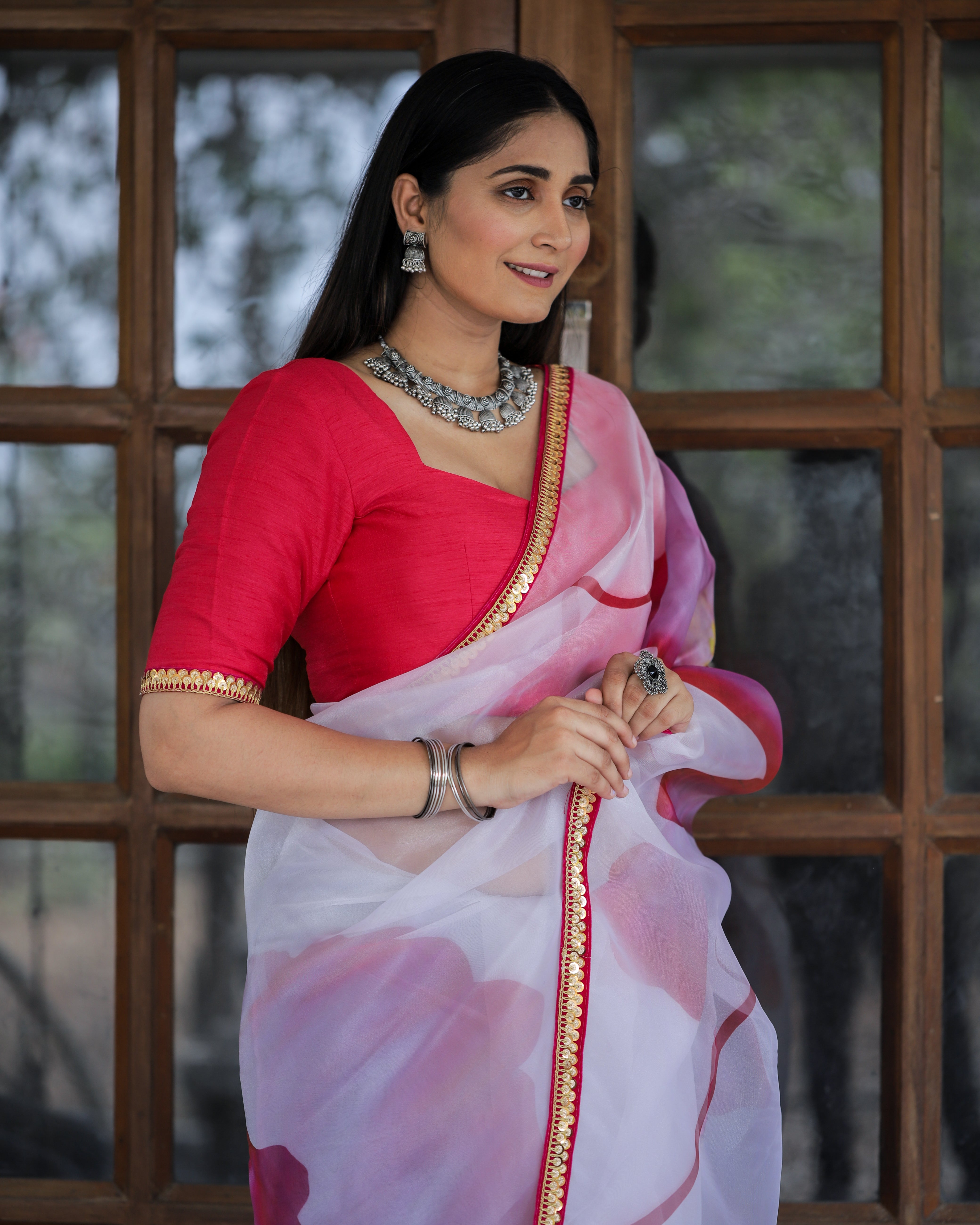 Women's White and Pink Organza Digital Print & Lace Saree - Shubhkala