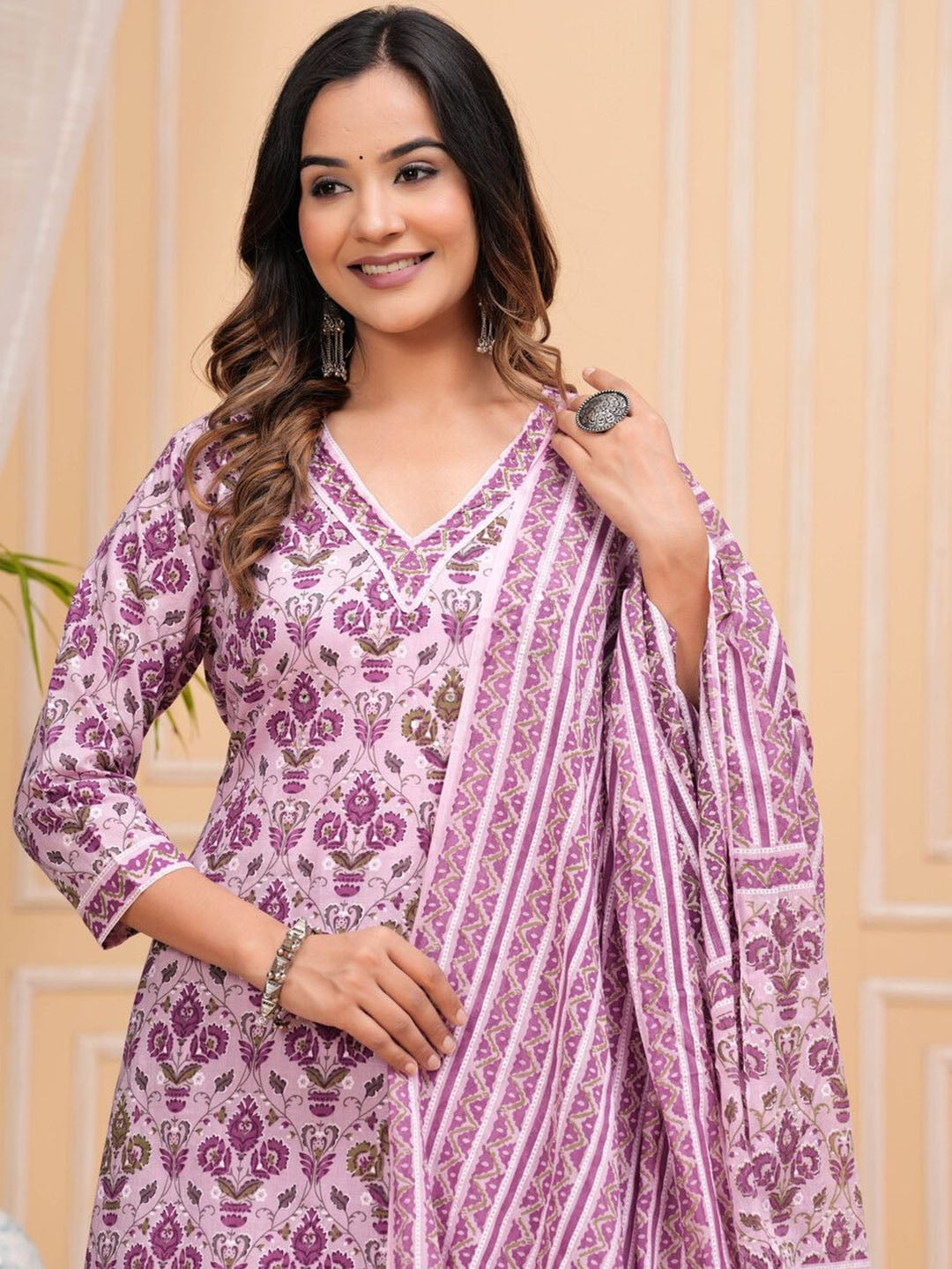 Women's Floral Printed Regular Pure Cotton Straight Kurta with Palazzos & With Dupatta - Taantav