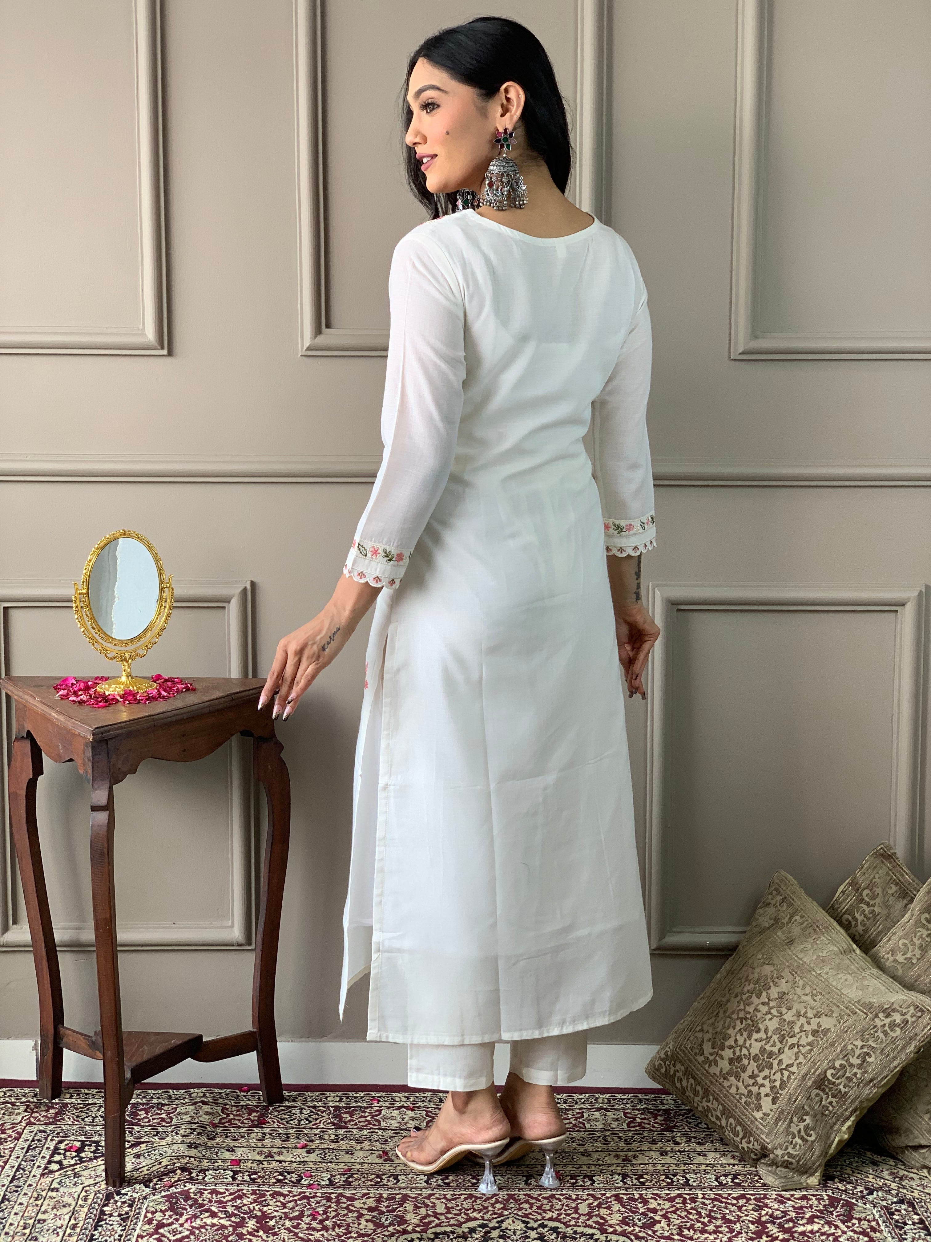 Women's V Neck Embroidered Work Pure Cotton Fabric Kurta & Pant With Dupatta Set - Taantav