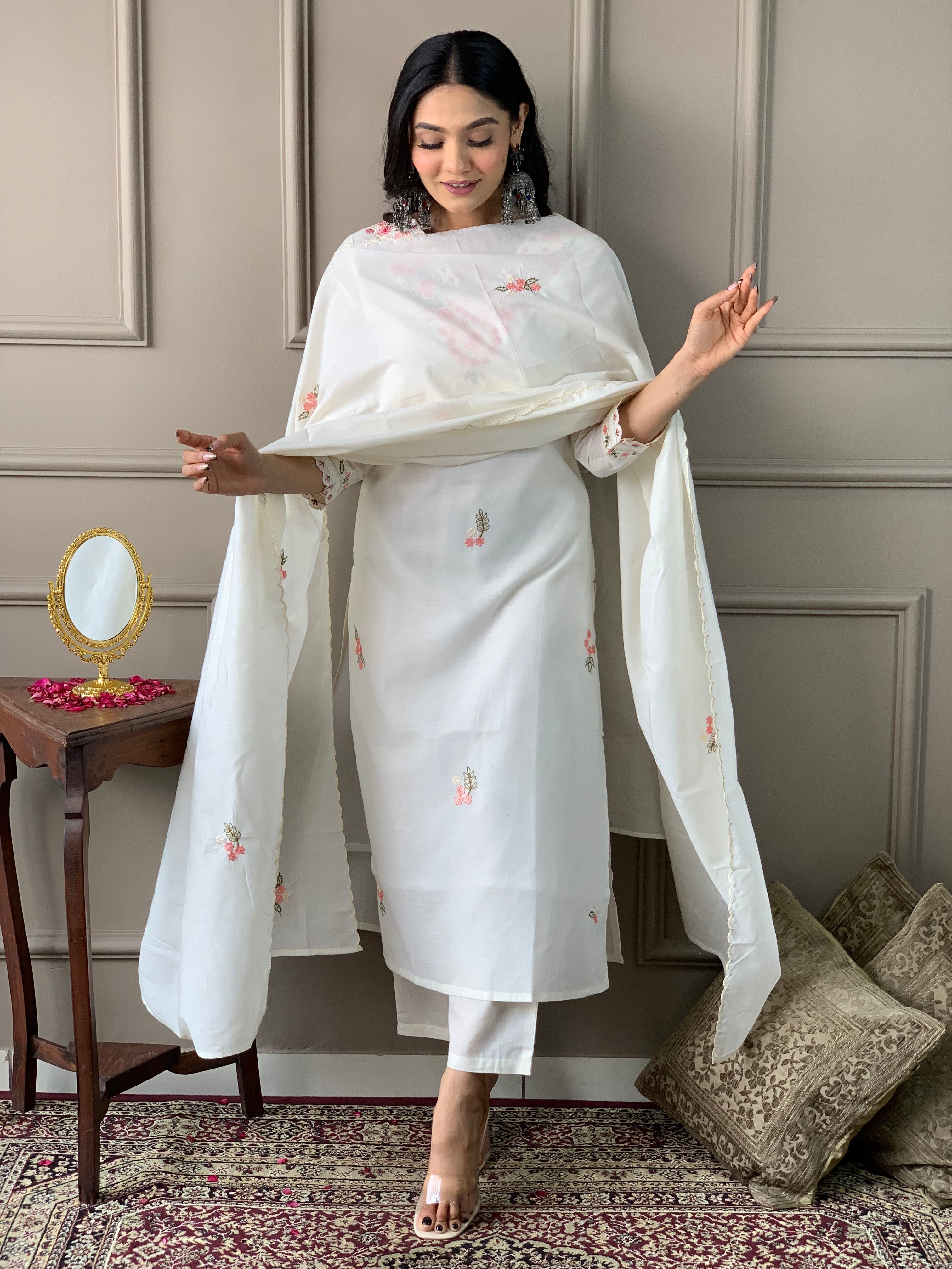 Women's V Neck Embroidered Work Pure Cotton Fabric Kurta & Pant With Dupatta Set - Taantav