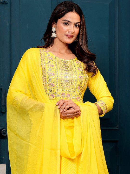 Women's Floral Yoke Design Sequined Anarkali Kurta & Palazzos With Dupatta