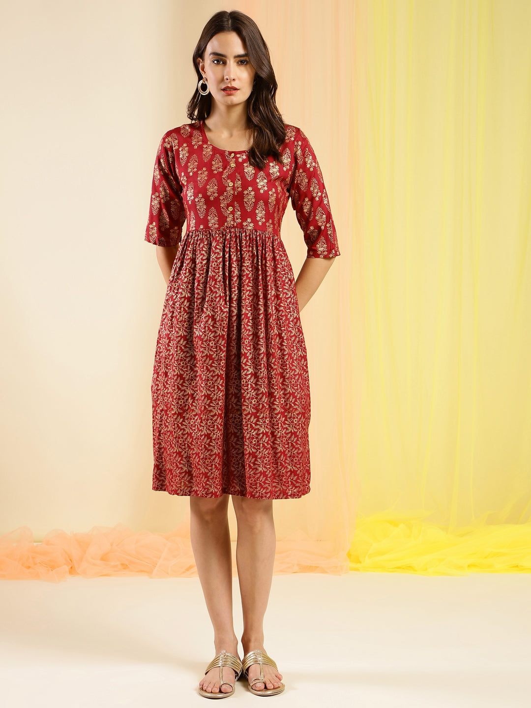 Women's Red Cotton Ethnic Motifs Aline Dress - Navyaa