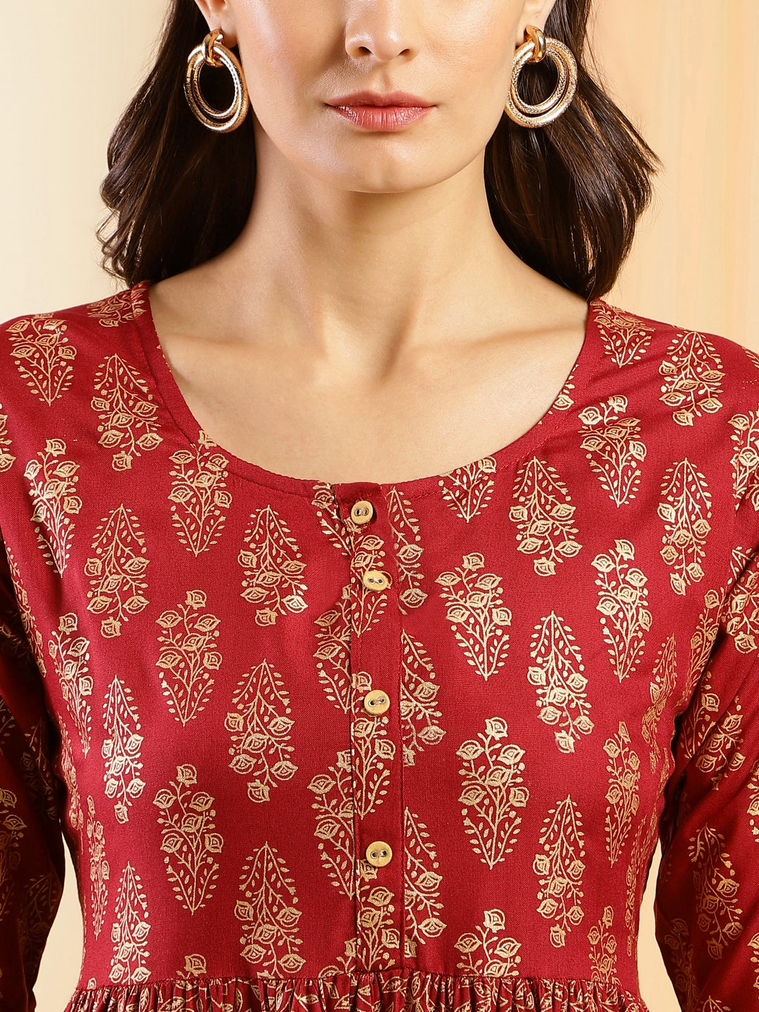 Women's Red Cotton Ethnic Motifs Aline Dress - Navyaa