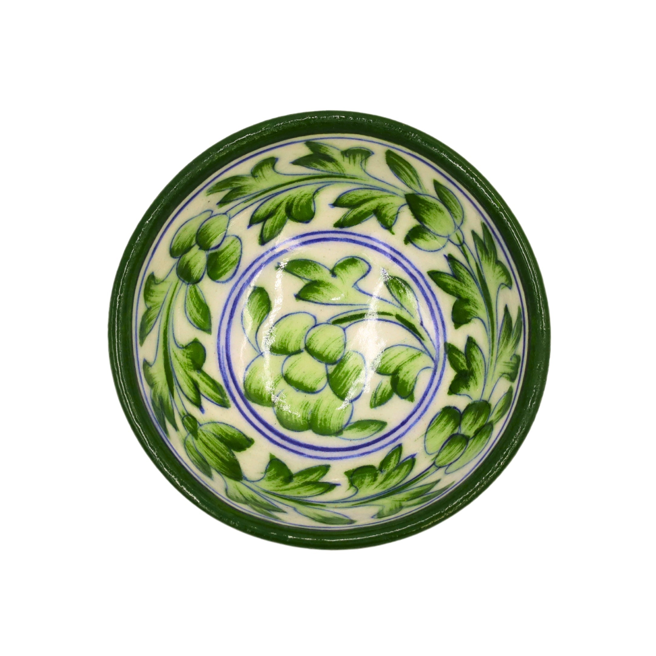 Blue Pottery Round Bowl - White and Green - Natriel