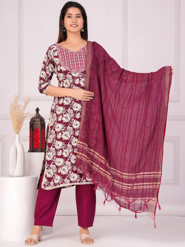 Women's Floral Printed Regular Straight Kurta & Palazzos With Dupatta