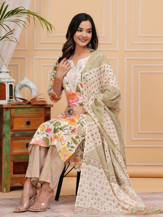 Women's Floral Printed Regular Pure Cotton Straight Kurta with Palazzos & With Dupatta