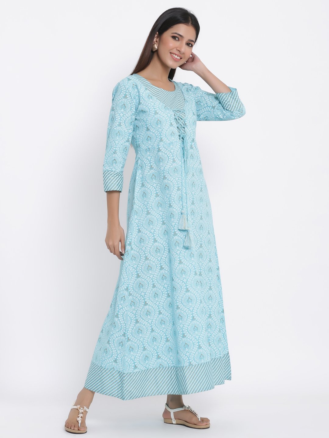 Women's Blue Printed Cotton Anarkali Kurta by Final Clearance Sale