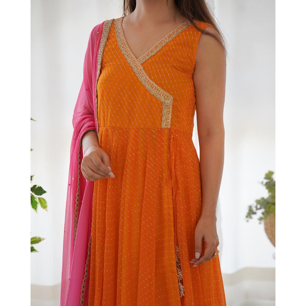 Women's Yellow Leheriya Angrakha Anarkali Pant Set With Dupatta