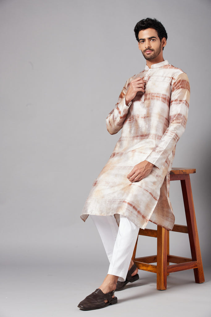 Men's Brown Color Tie & Die Kurta Silk