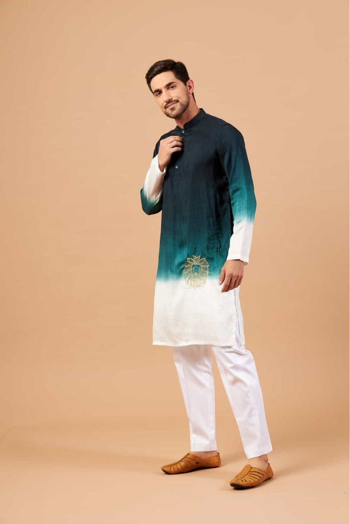 Men's Green Color Leonine Kurta - Lion Embroidery Silk