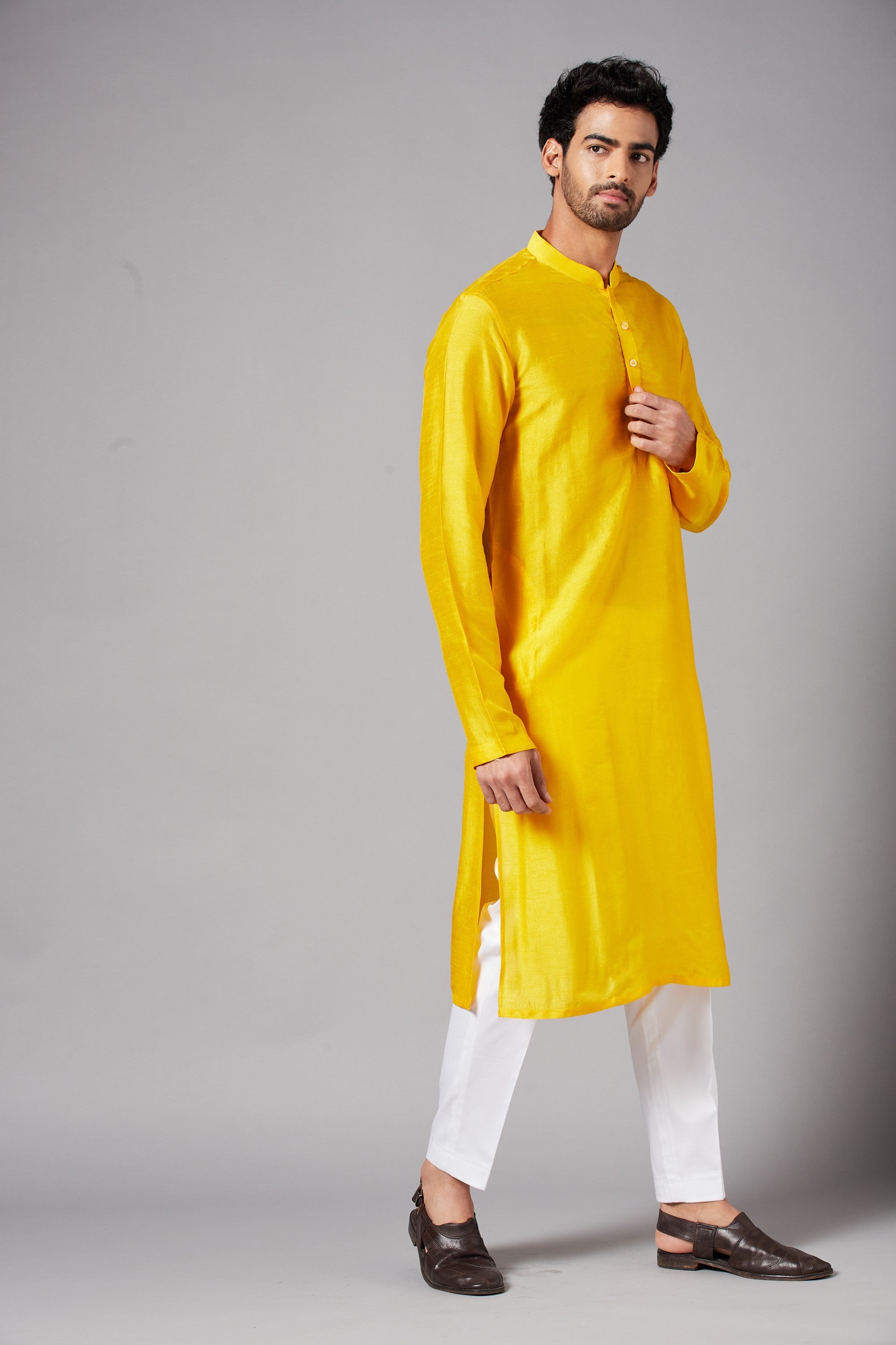 Men's Yellow Color Plain Kurta Falling Raw Silk - Hilo Design