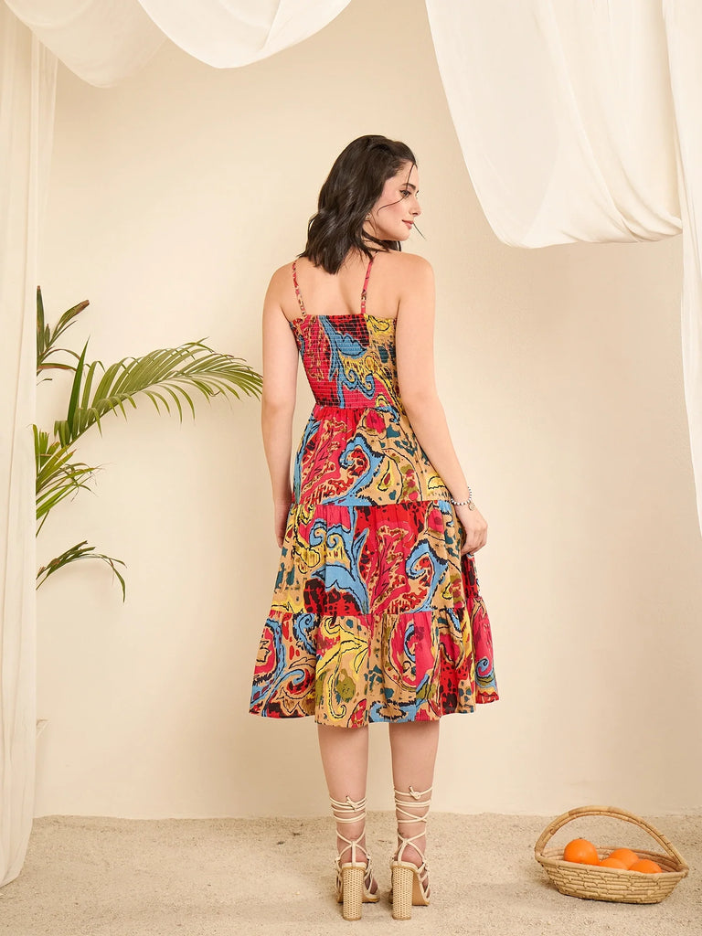 Women's multi color Abstract Printed Smocking Tiered Dress