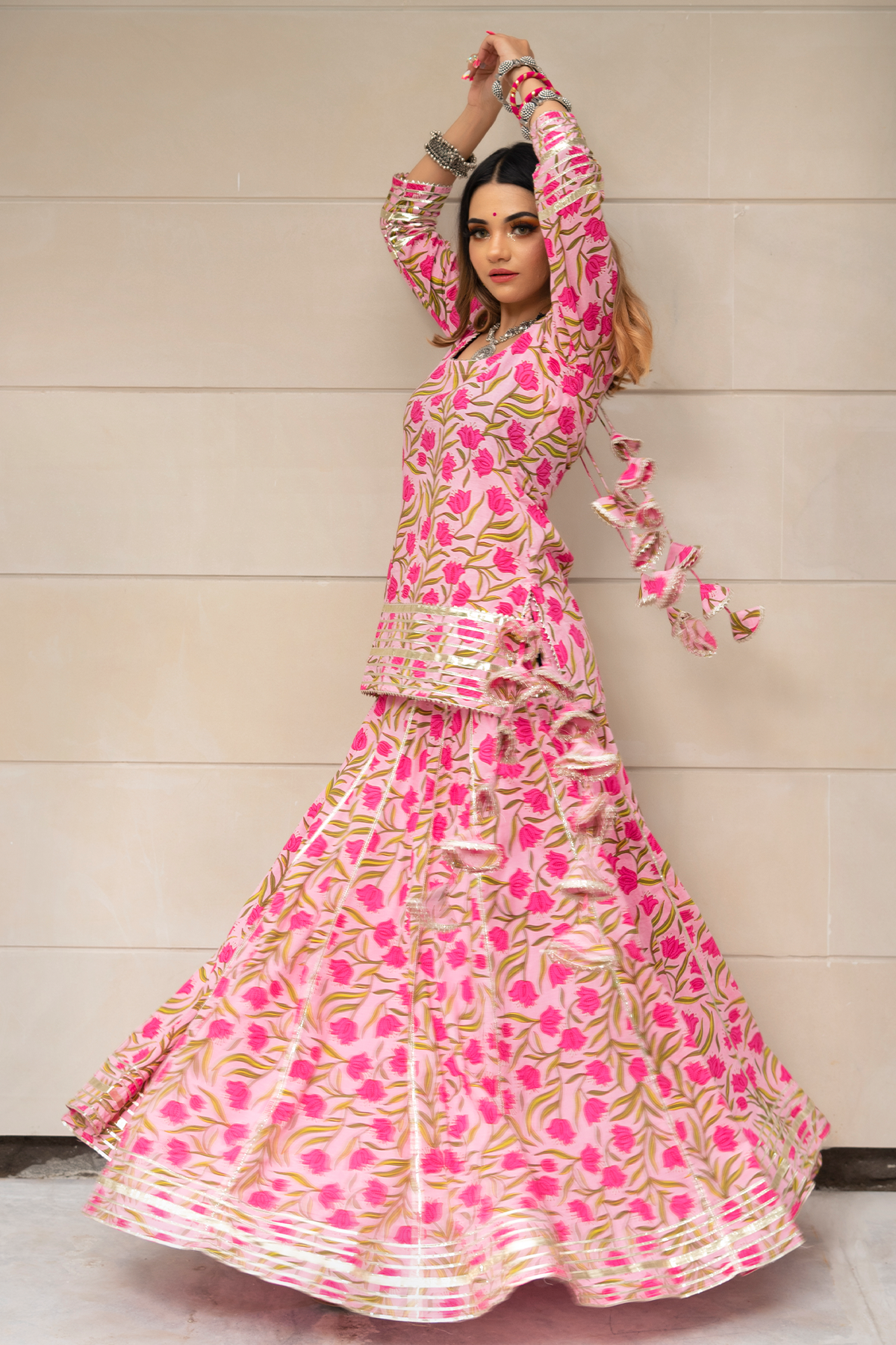Women's Tulsi Pink Cotton Hand Block Skirt Set