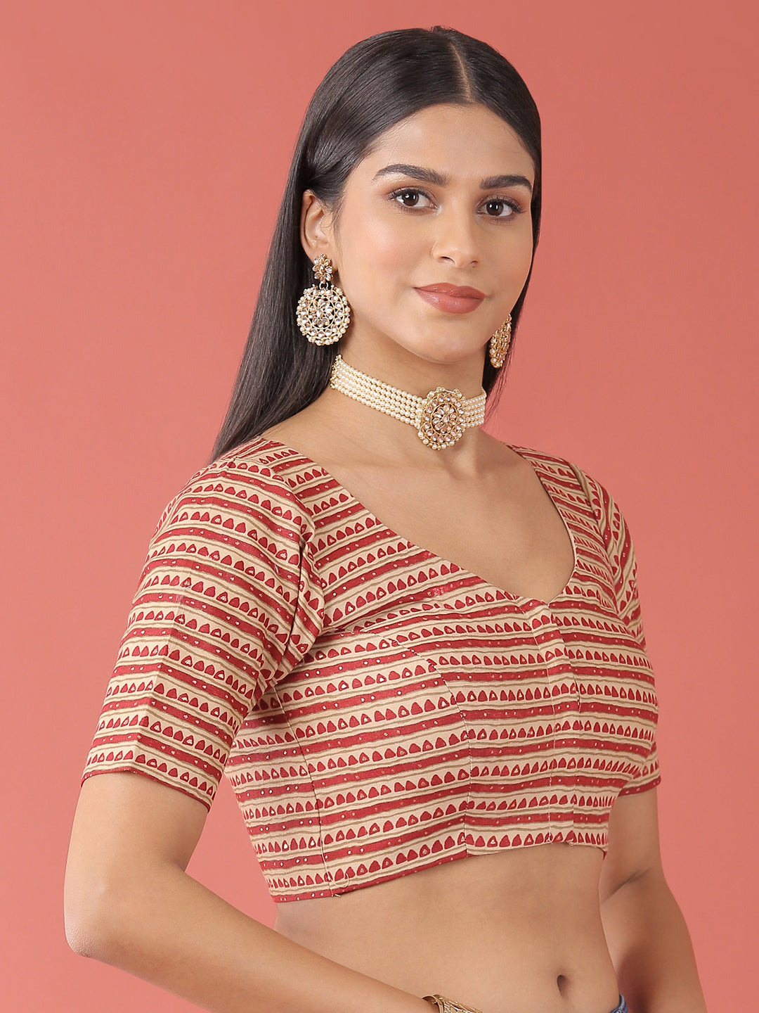 Women's Maroon-Toned Cotton Silk Applied Foil And Tribal Pattern Print Readymade Blouse - Royal Dwells