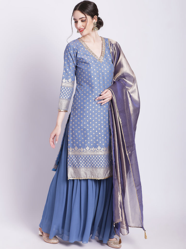 Women's Dusty Blue Badla Kurti With Gathered Palazzo And Organza Shine Dupatta