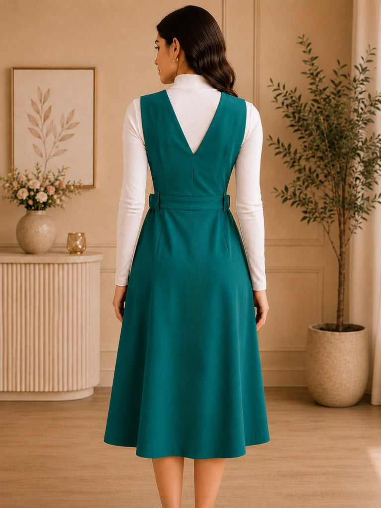 Women's Solid Teal Button-Down Pinafore Dress