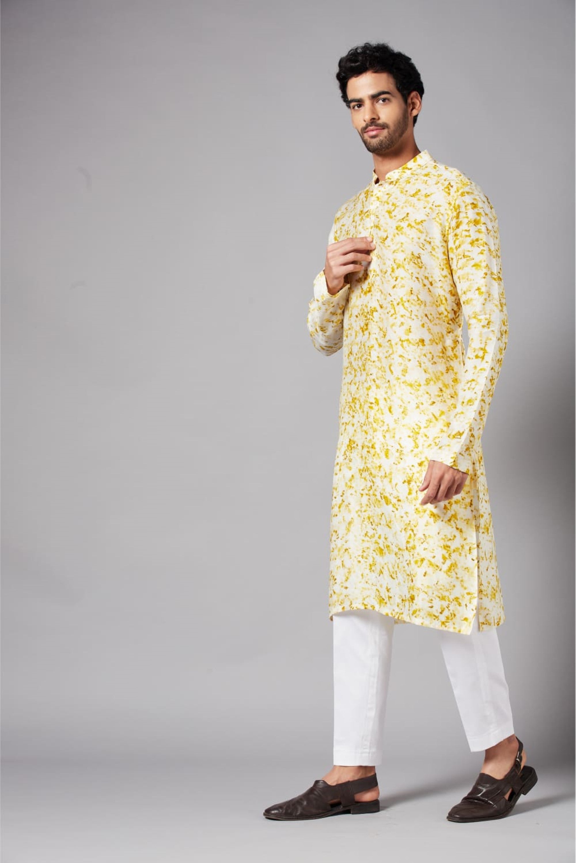 Men's Whity Natural Dye Kurta With Crop Pants Coord Set (Marigold Dried Flowers ) - Hilo Design