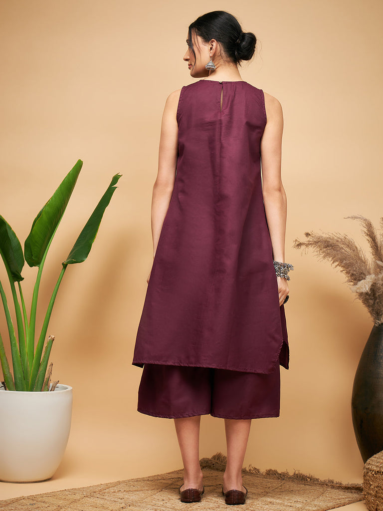 Women's Wine Solid Short Kurta Palazzo Set