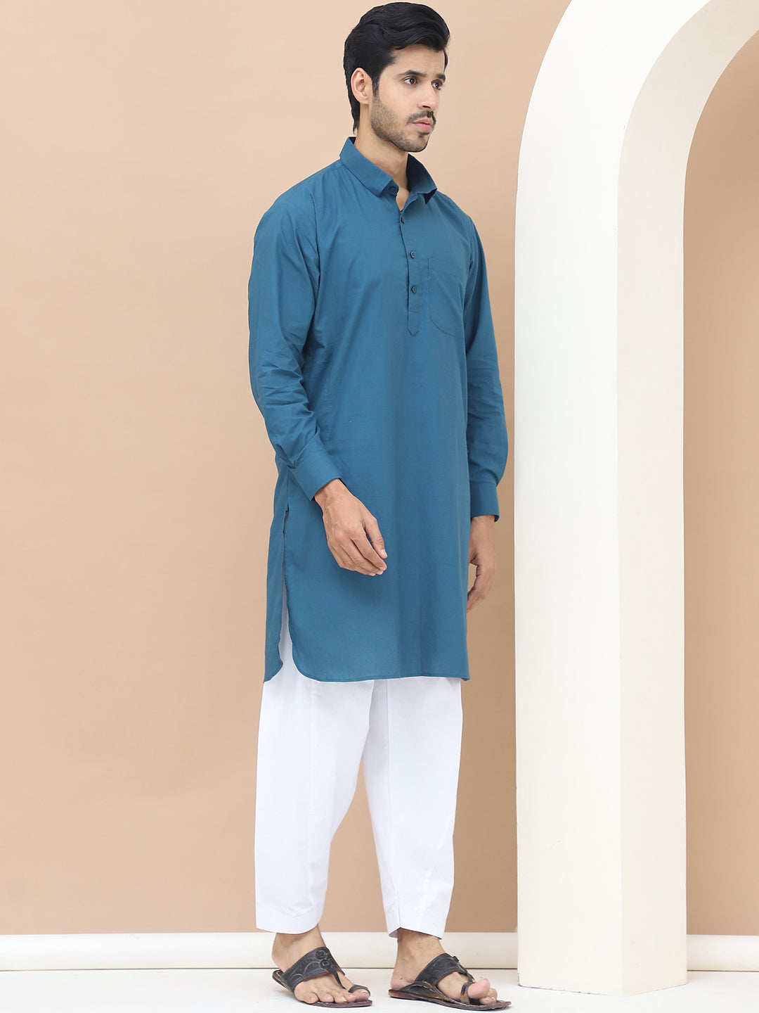 Men's  Teal Cotton Solid Kurta Set - Grage