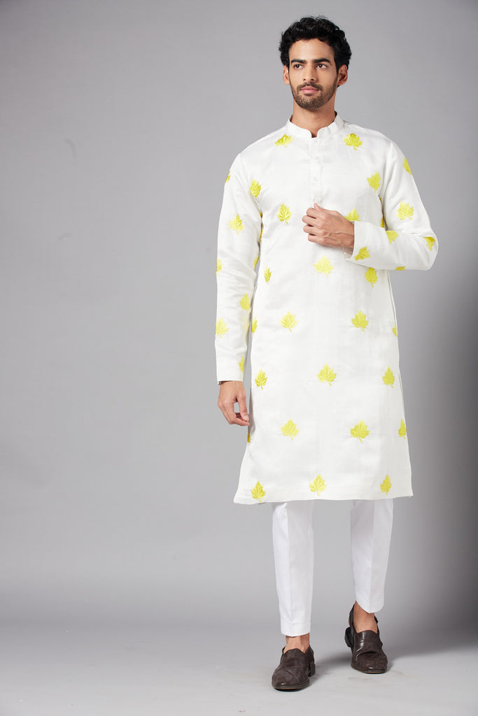 Men's White Color Morga Leaf Embroidered Kurta Linen Satin