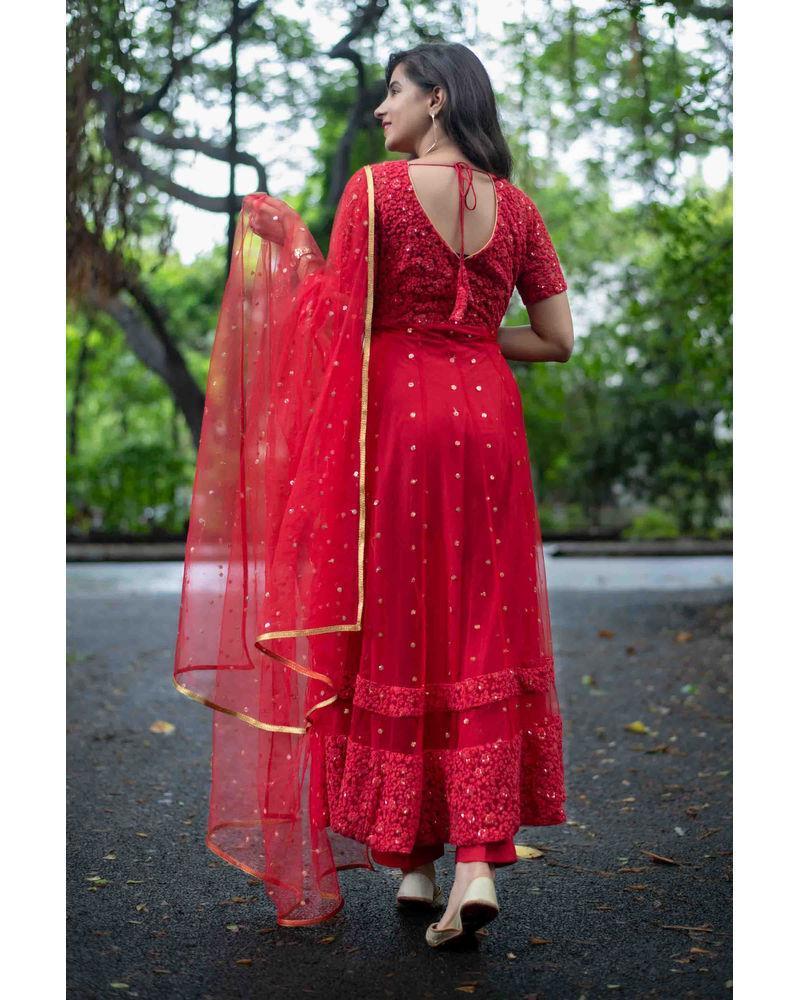 Women's Red Thread Work Anarkali Set (3pcs set) - Label Shaurya Sanadhya USA