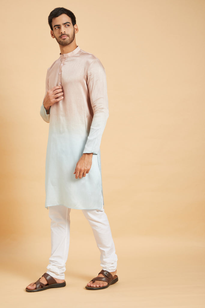 Men's Pink Color Glidden Ombre Kurta Without Slit Silk