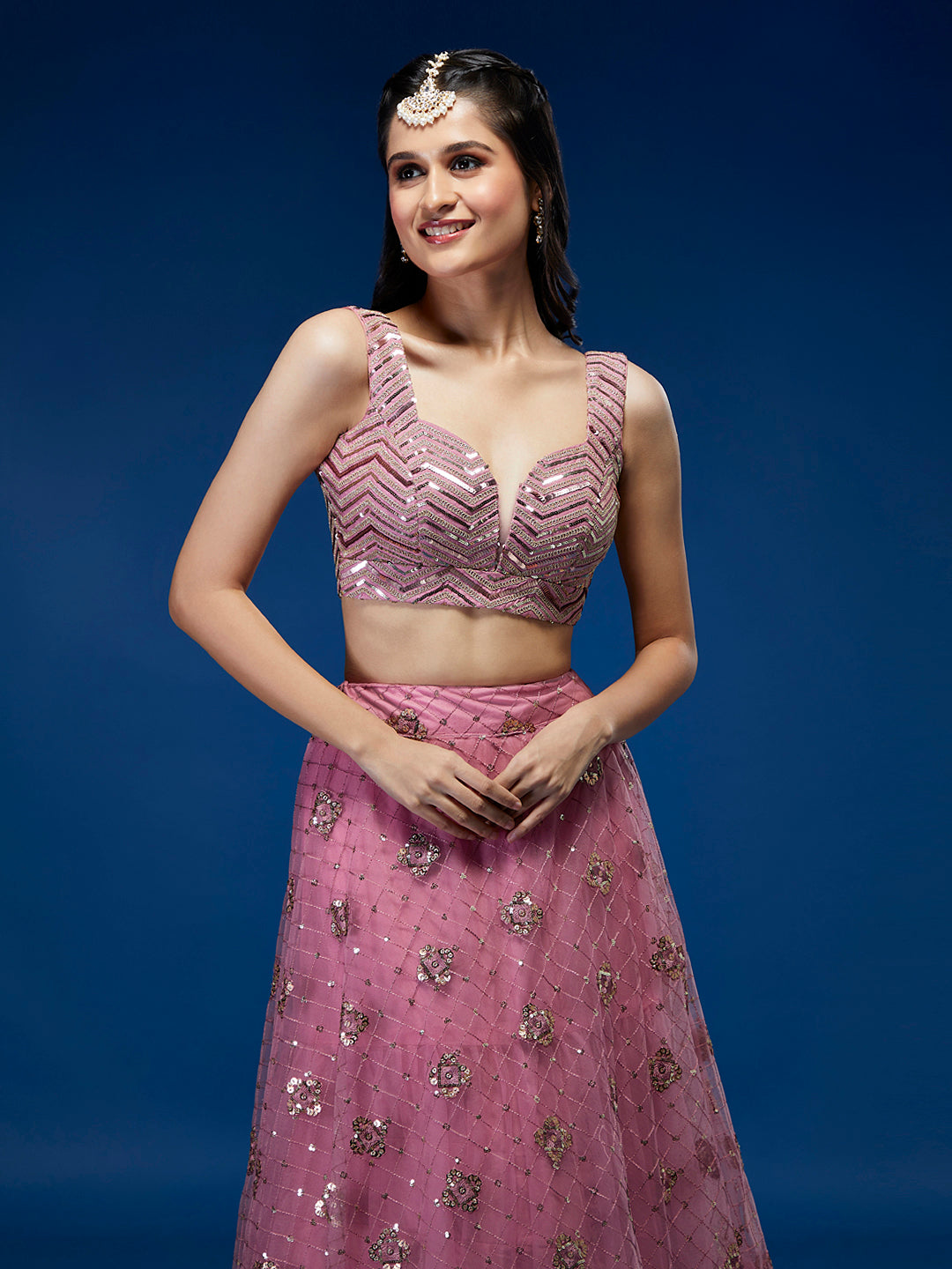 Women's Pink Net Sequinse Embroidered Ready To Wear Lehenga & Blouse With Dupatta-Royal Dwells
