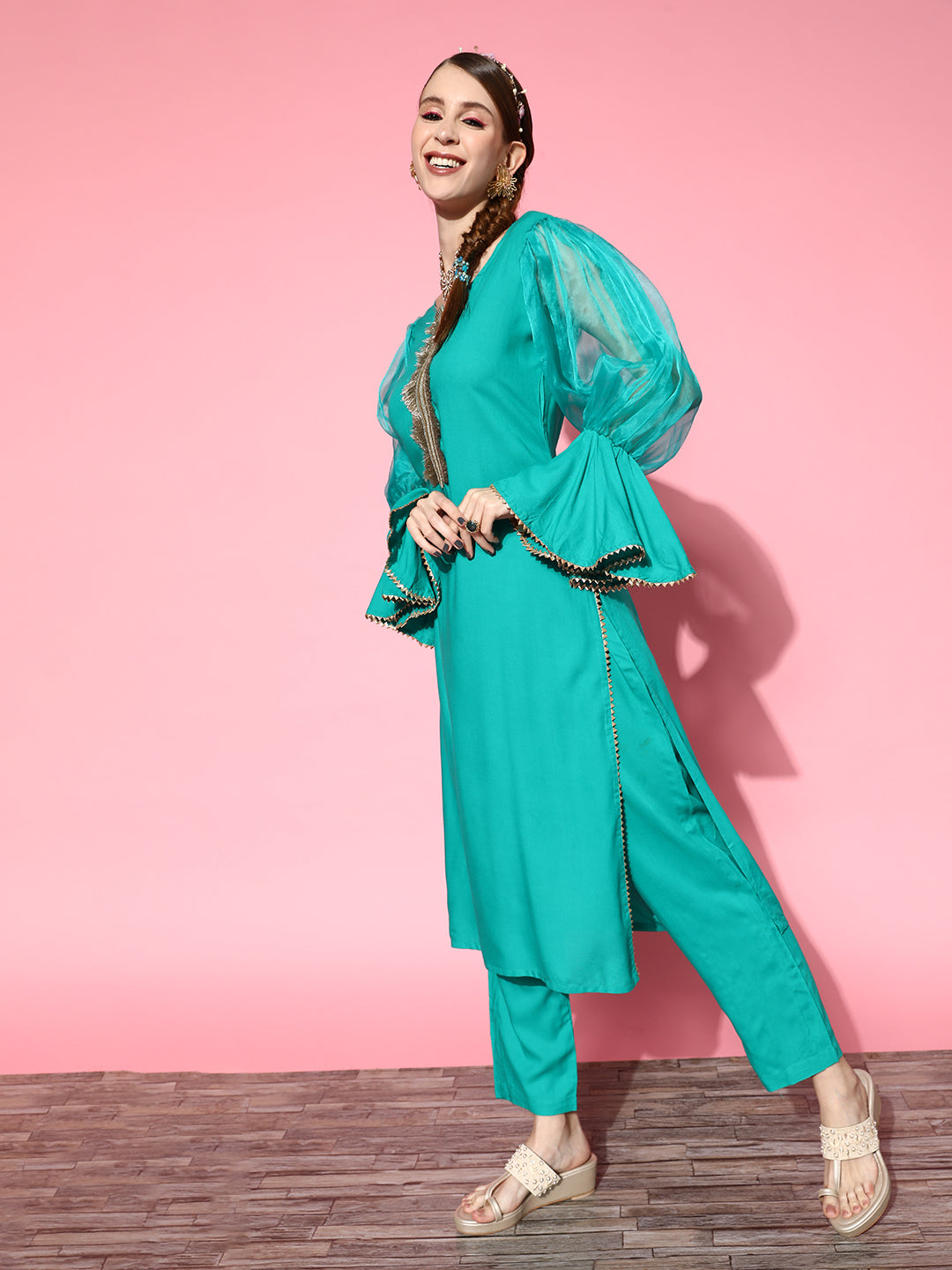 Women's Aqua Organza Sleeve Gota Work Kurta Set - InWeave