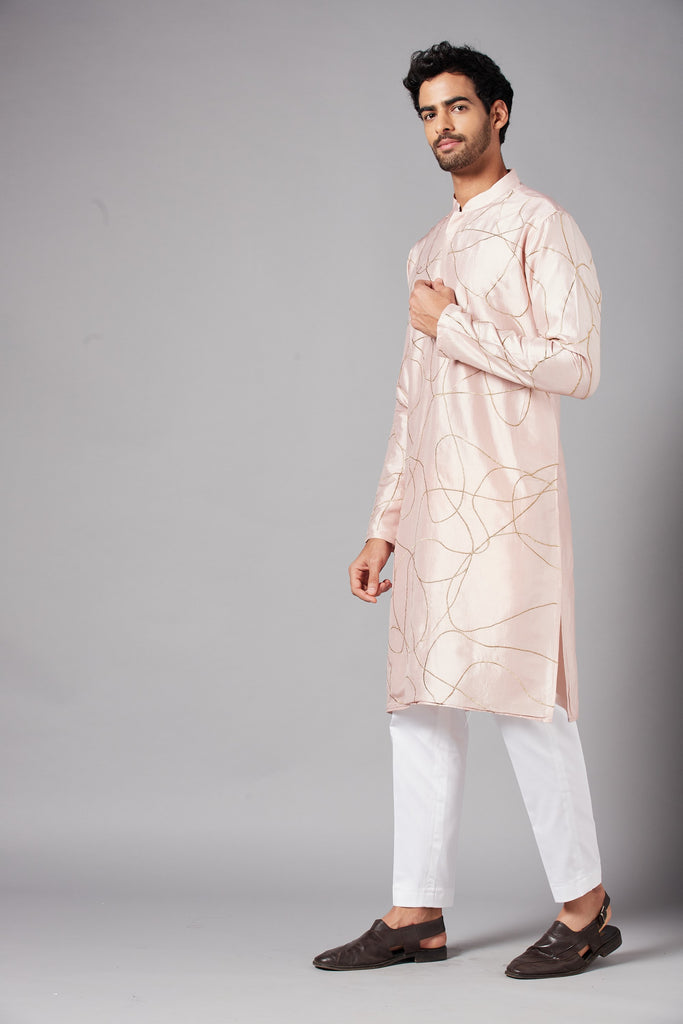 Men's Peach Color Ilara Gold Zari Abstarct Embroidered Kurta Dupion