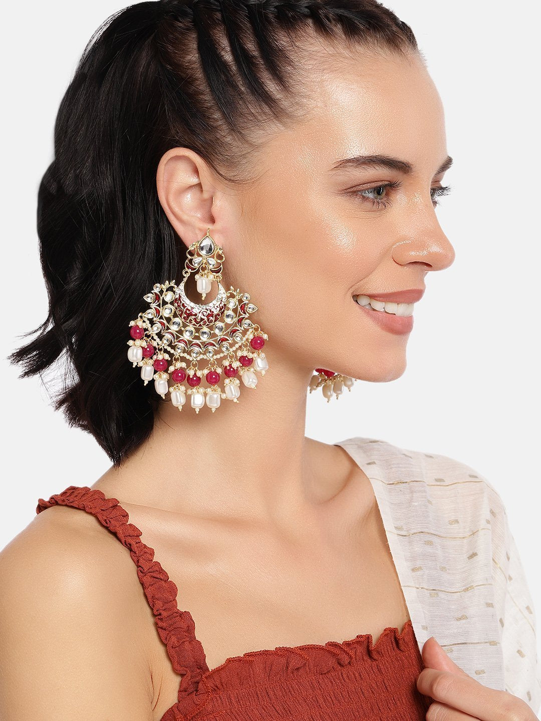 Women's  Gold Plated Red Enamel Glided With Kundans And Pearls Traditional Earrings