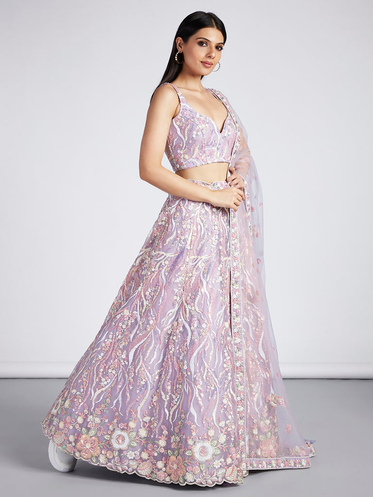 Women's Mauve Net Sequins And Thread Embroidery Lehenga Choli & Dupatta
