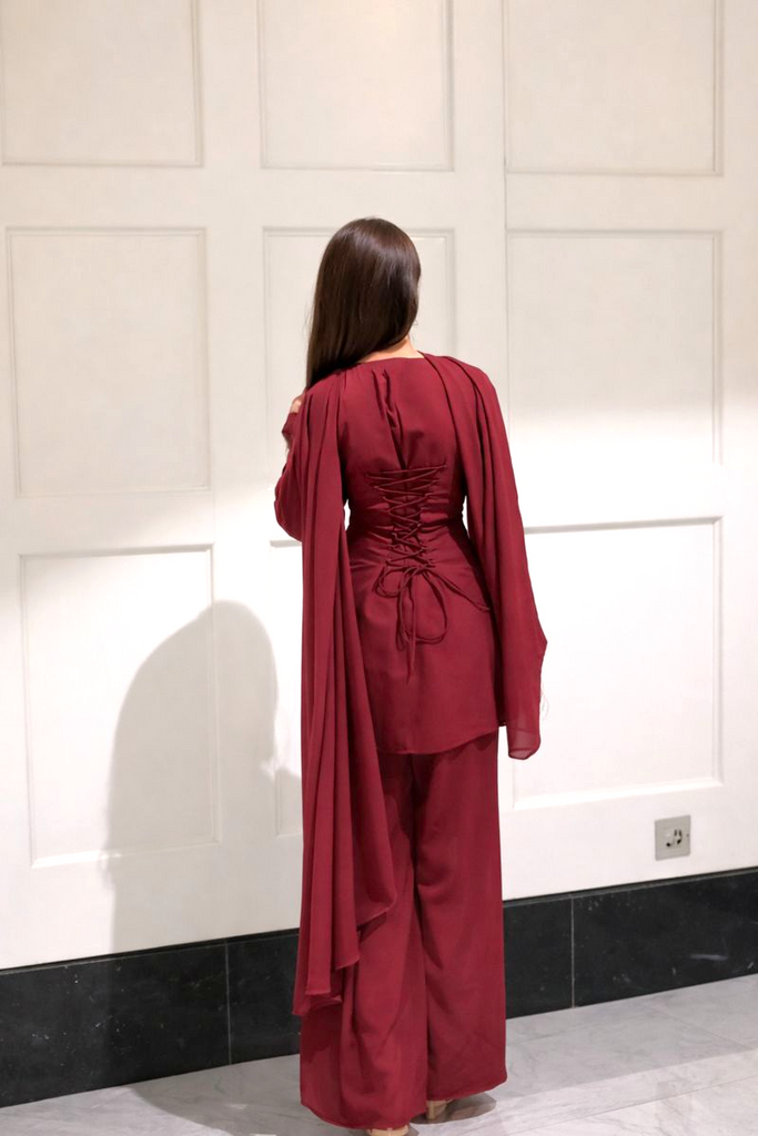 Women's Maroon Kurta with Flared Palazzo Set with Golden Embellished Neckline