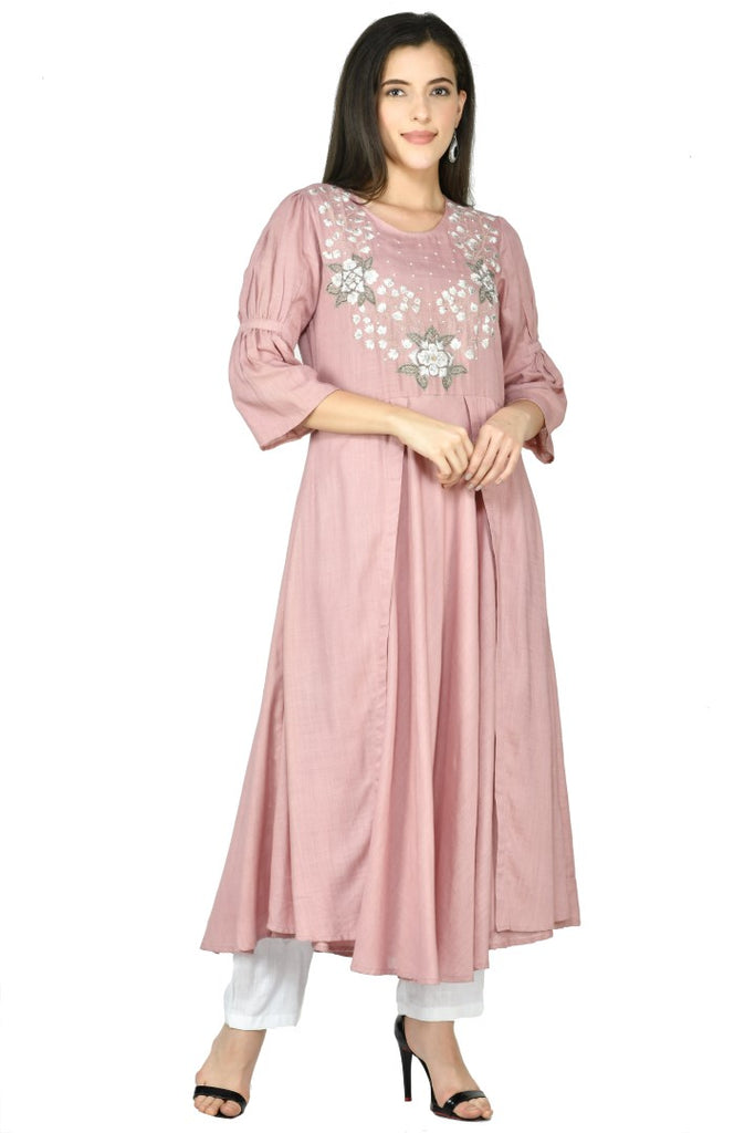 Women's Rose Gold Cotton Rayon Embroidery Kurta Set