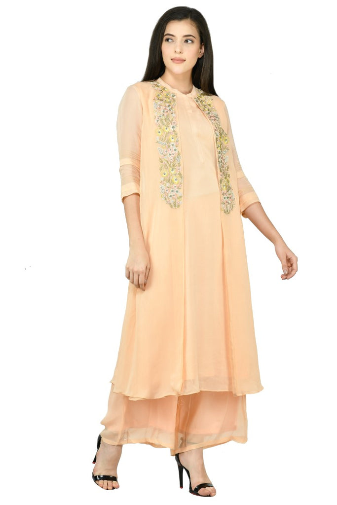 Women's Peach Viscose Embroidery Kurta Set